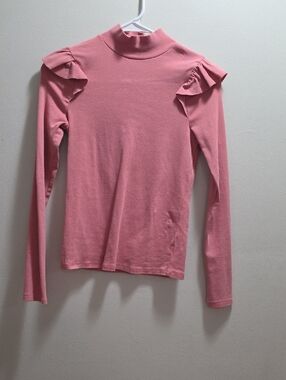 Women's Pink Ruffle Shoulder Long Sleeve Mock Neck Tee